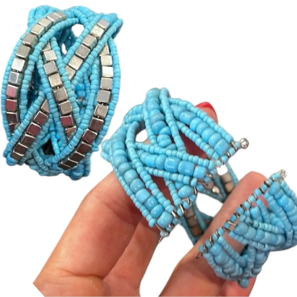 Beaded Silver and Blue Cuff Bracelet